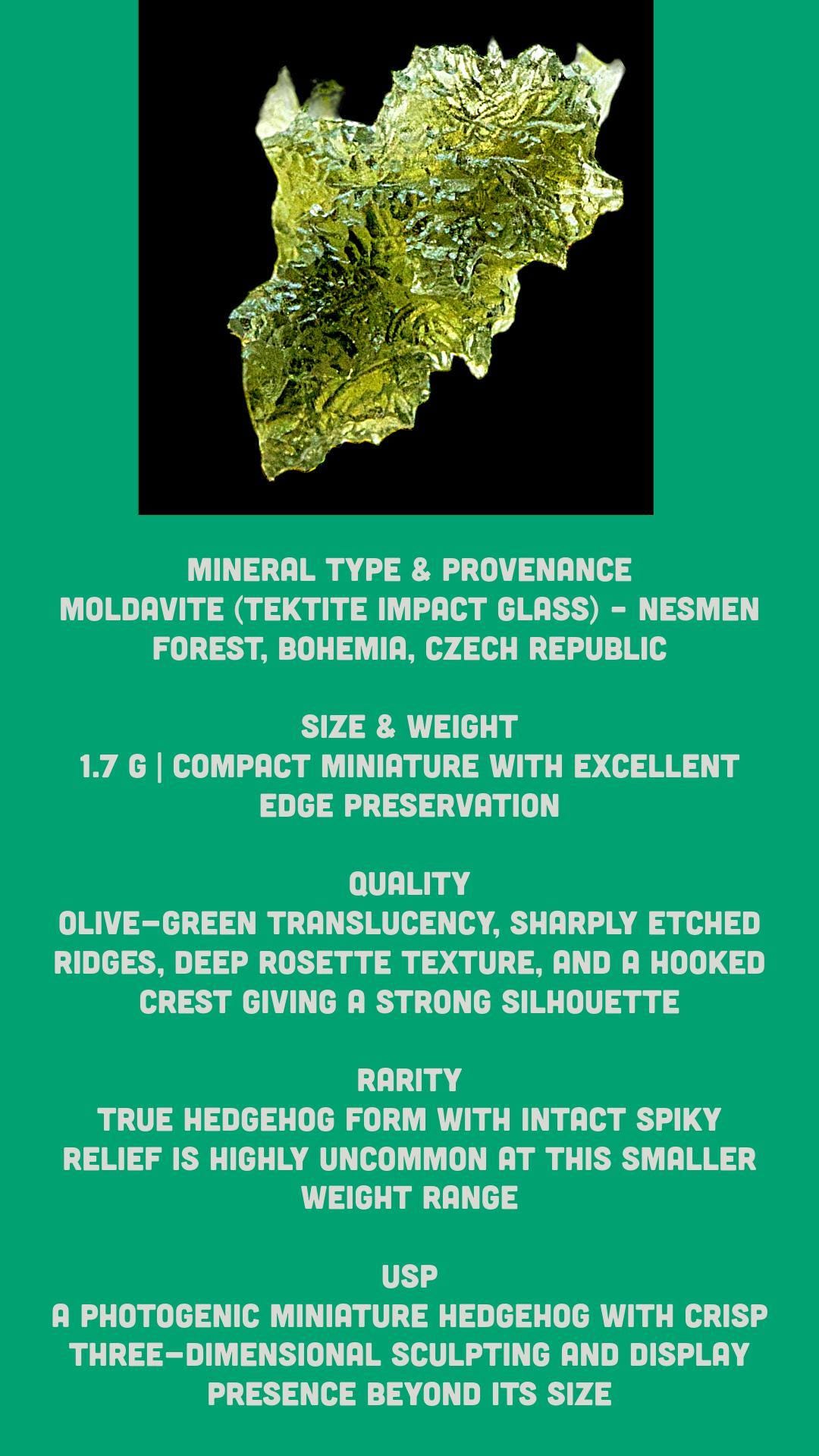 Moldavite crystal hedgehog 1.7g, spiky raw green moldavite from czech republic, nesmen forest tektite, natural collector specimen - Image 9