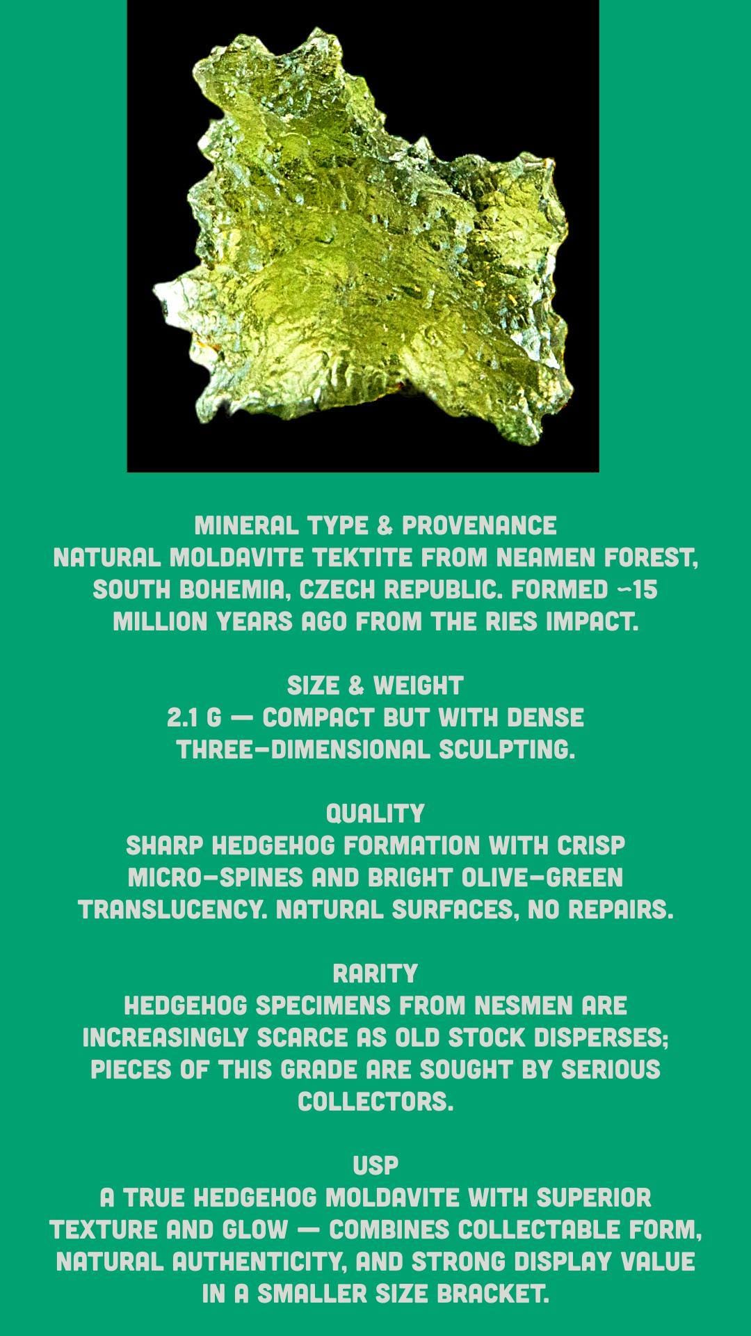 Hedgehog moldavite crystal, raw green moldavite tektite from czech republic, natural moldavite specimen with sharp spiky texture - Image 9