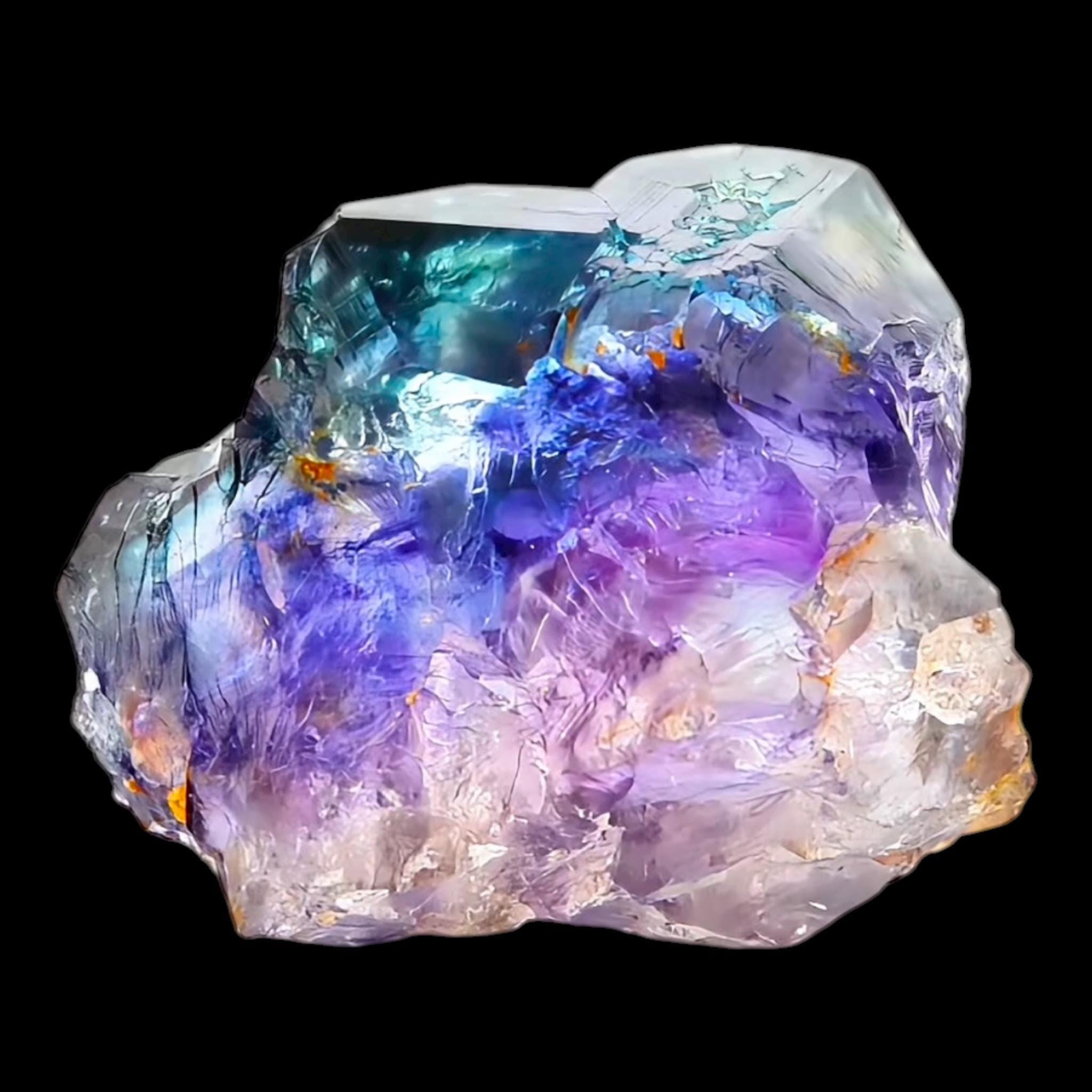Fluorite crystal purple and blue, natural fluorite specimen with amber zoning, raw fluorite cluster for collectors and home decor