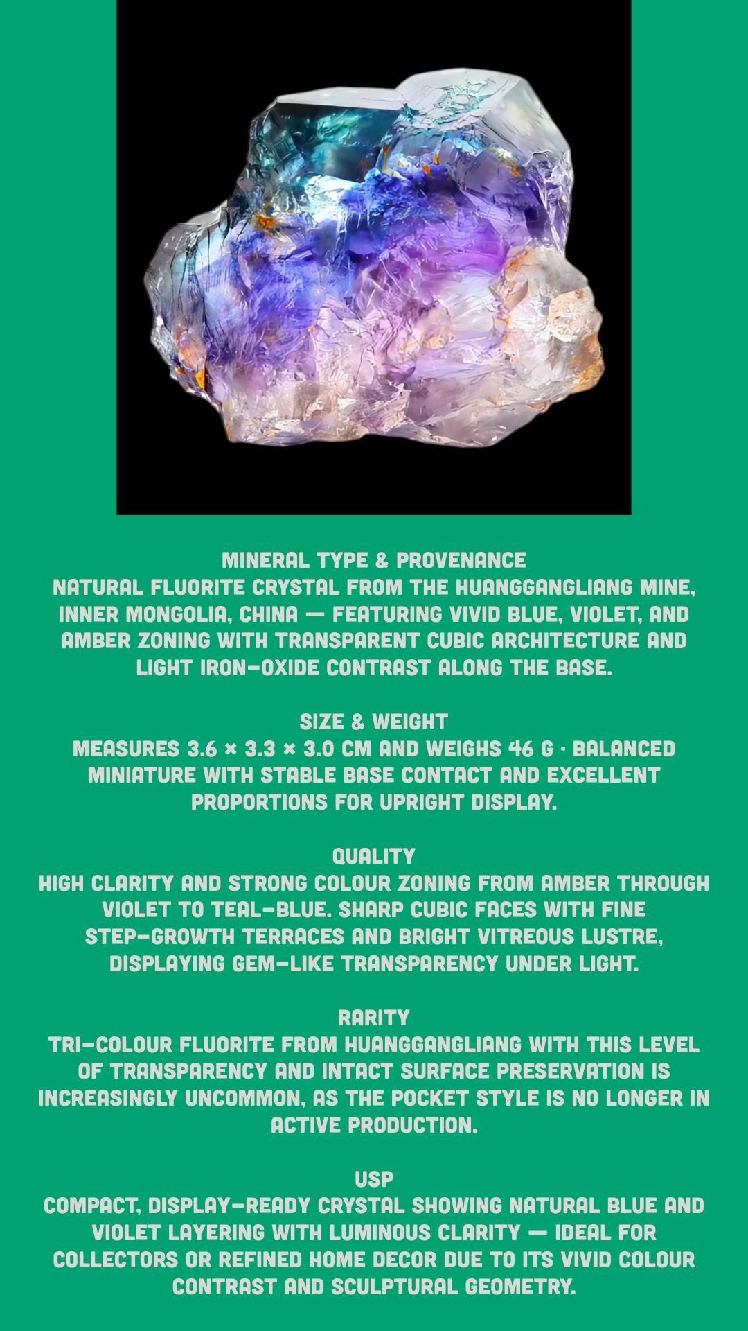 Fluorite crystal purple and blue, natural fluorite specimen with amber zoning, raw fluorite cluster for collectors and home decor - Image 10