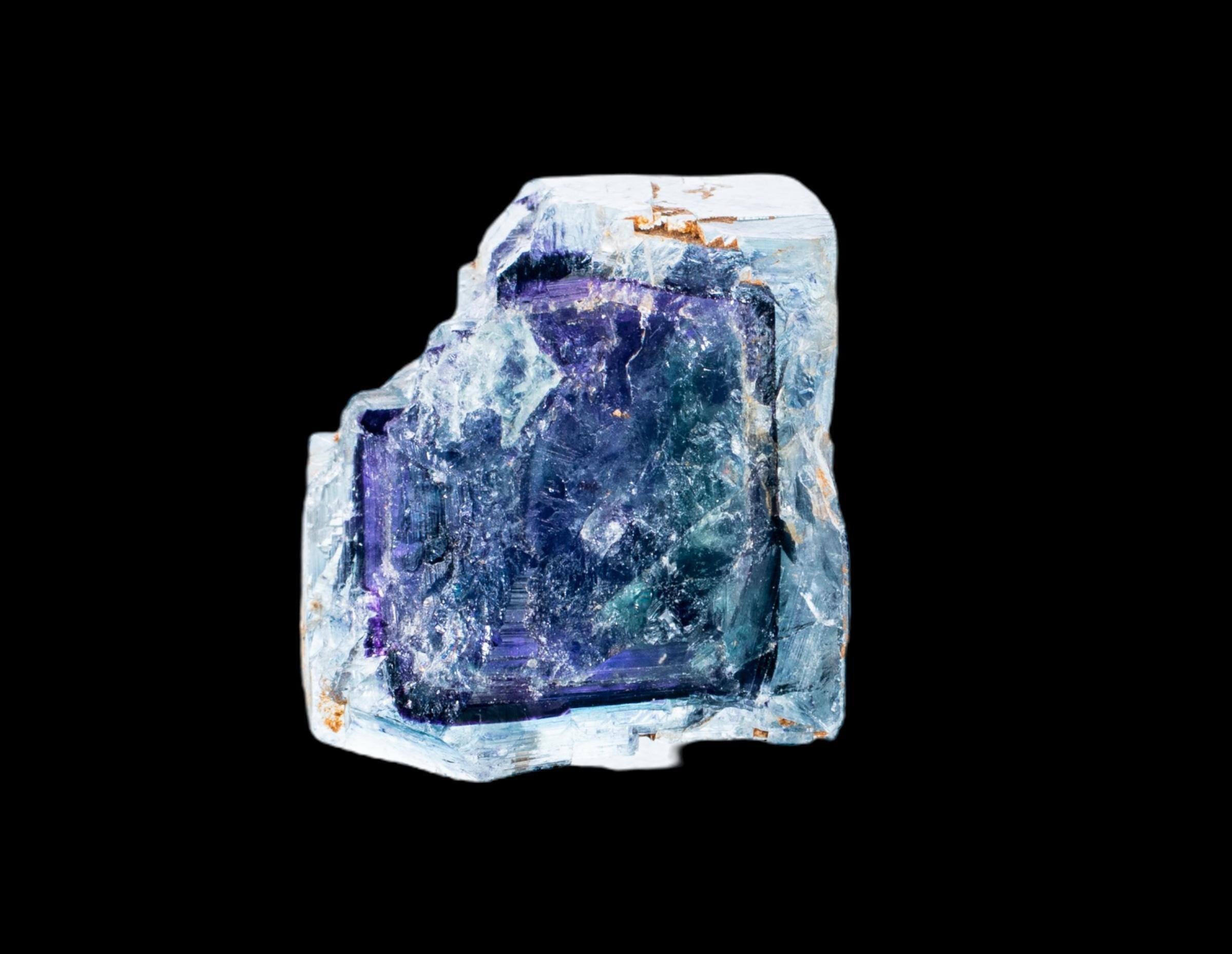Raw fluorite crystal with deep purple cube, namibian fluorite mineral specimen, okorusu blue fluorite, natural cubic fluorite for sale
