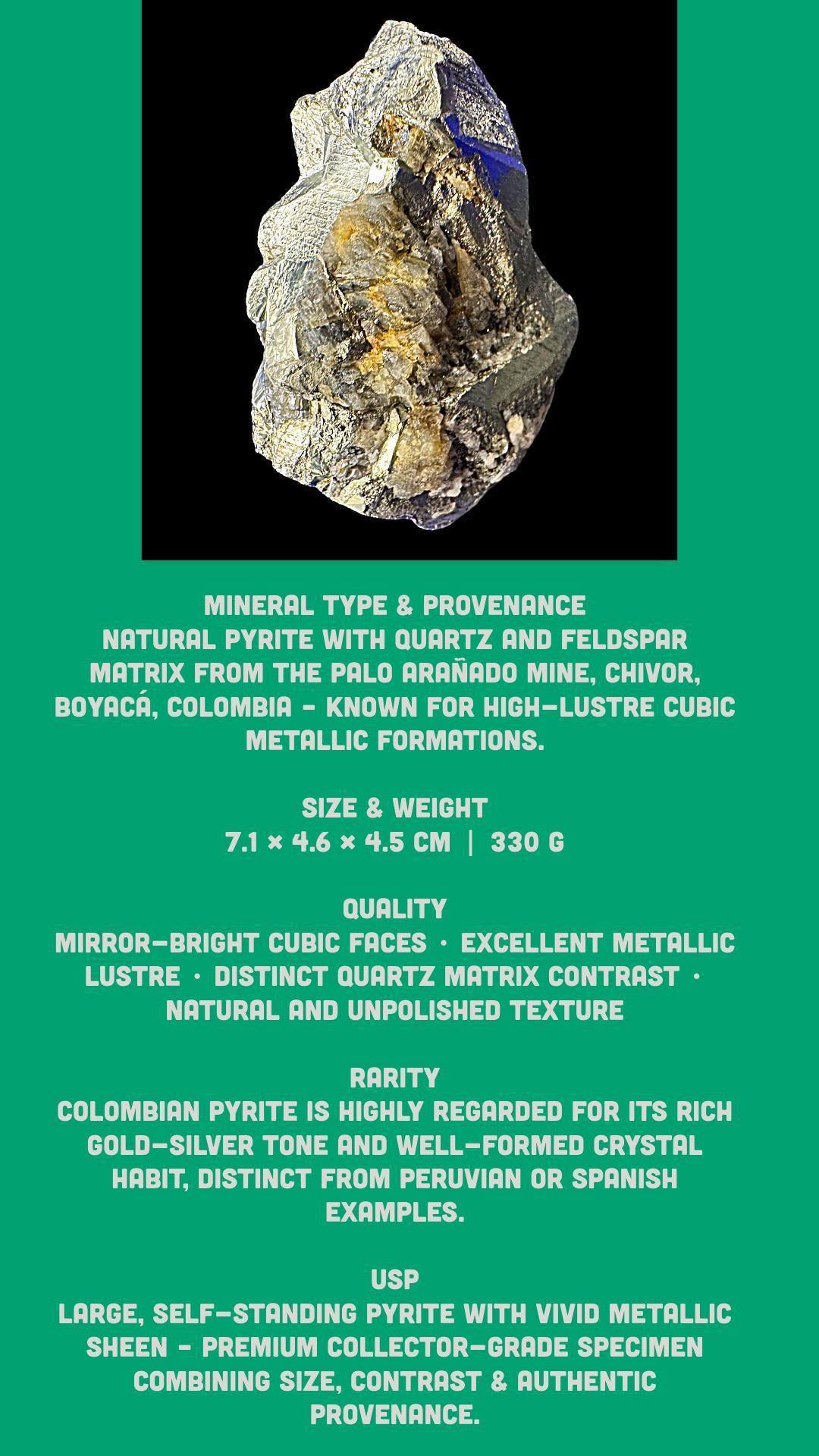 Natural pyrite crystal on quartz matrix from colombia, golden metallic mineral specimen, raw pyrite cluster, collector display piece - Image 9