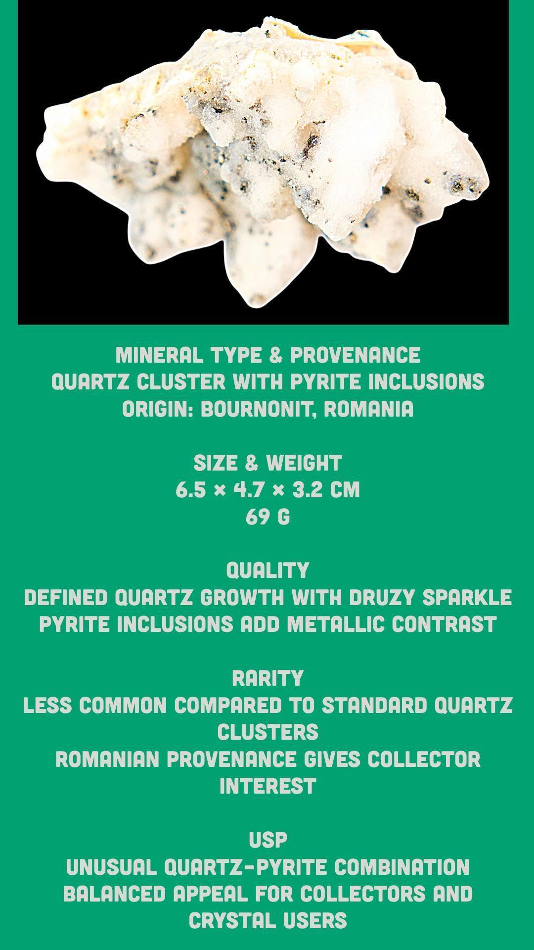 Quartz cluster with pyrite inclusions, natural quartz crystal specimen, raw quartz cluster from romania, quartz mineral for collectors - Image 7