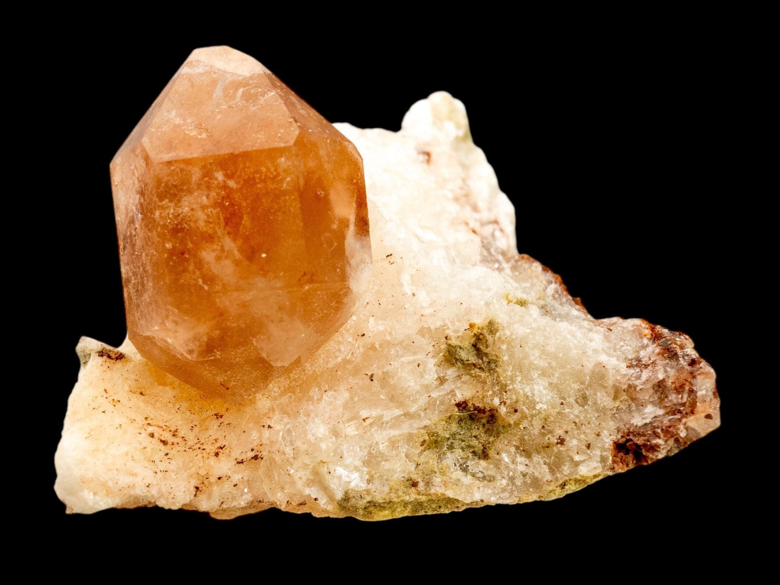 Valencia fire quartz crystal: hematoid quartz on matrix, spain