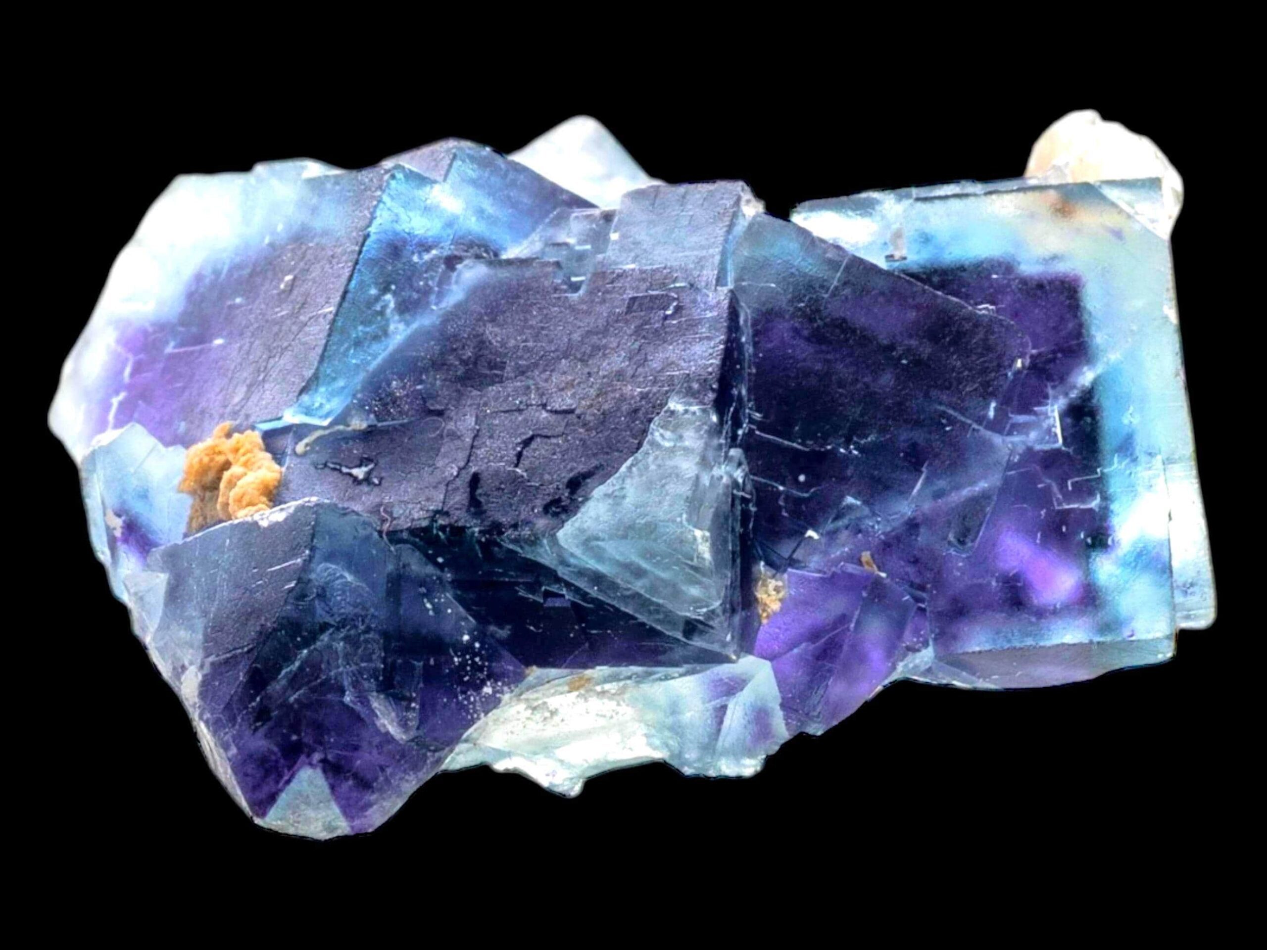 Purple fluorite crystal cluster with calcite rosette, natural fluorite specimen for mineral collectors and display