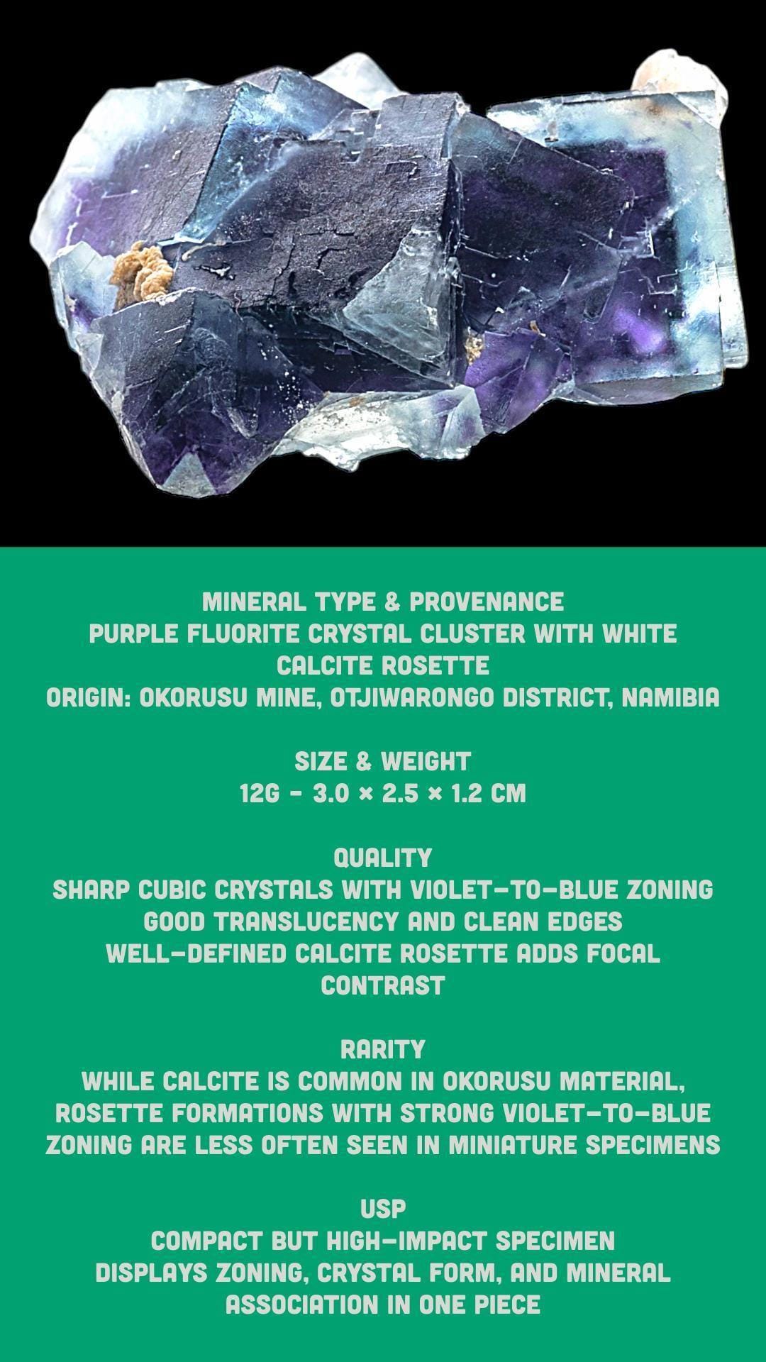 Purple fluorite crystal cluster with calcite rosette, natural fluorite specimen for mineral collectors and display - Image 9