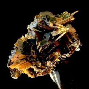 Rutile on hematite crystal specimen, golden rutile needles on metallic hematite, brazilian mineral collector piece