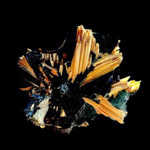 Golden rutile on hematite crystal specimen, natural brazilian rutile cluster, thumbnail collector mineral from brazil