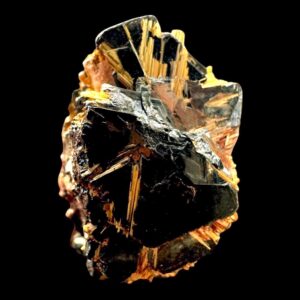 Golden rutile on hematite mineral from brazil, rare rutile crystal cluster, natural gold rutile specimen for collection or display