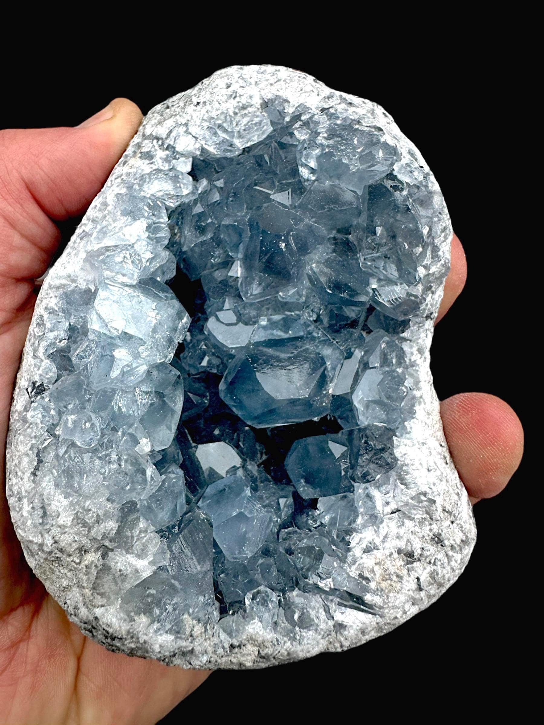 Blue celestite geode with deep blue crystals natural celestite cluster from madagascar for display or healing decor
