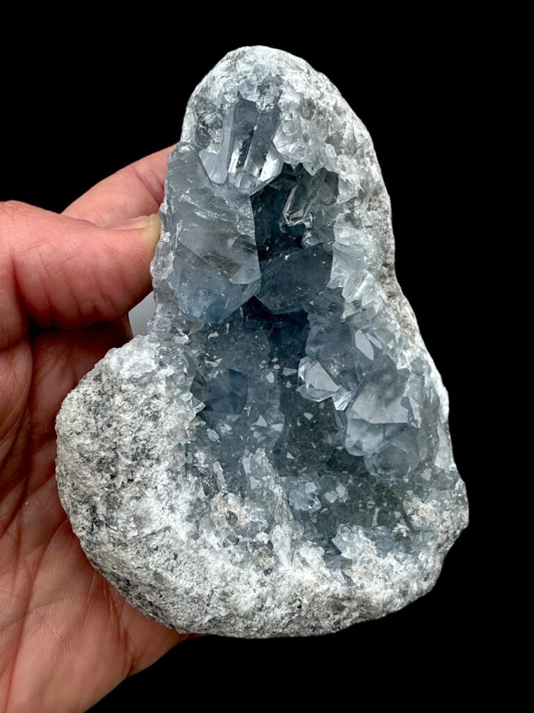 Blue celestite geode for home decor, natural celestite cluster for collectors, raw blue crystal display piece
