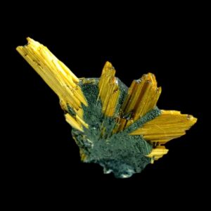 Golden rutile on hematite, novo horizonte brazil, thumbnail mineral specimen, collector crystal
