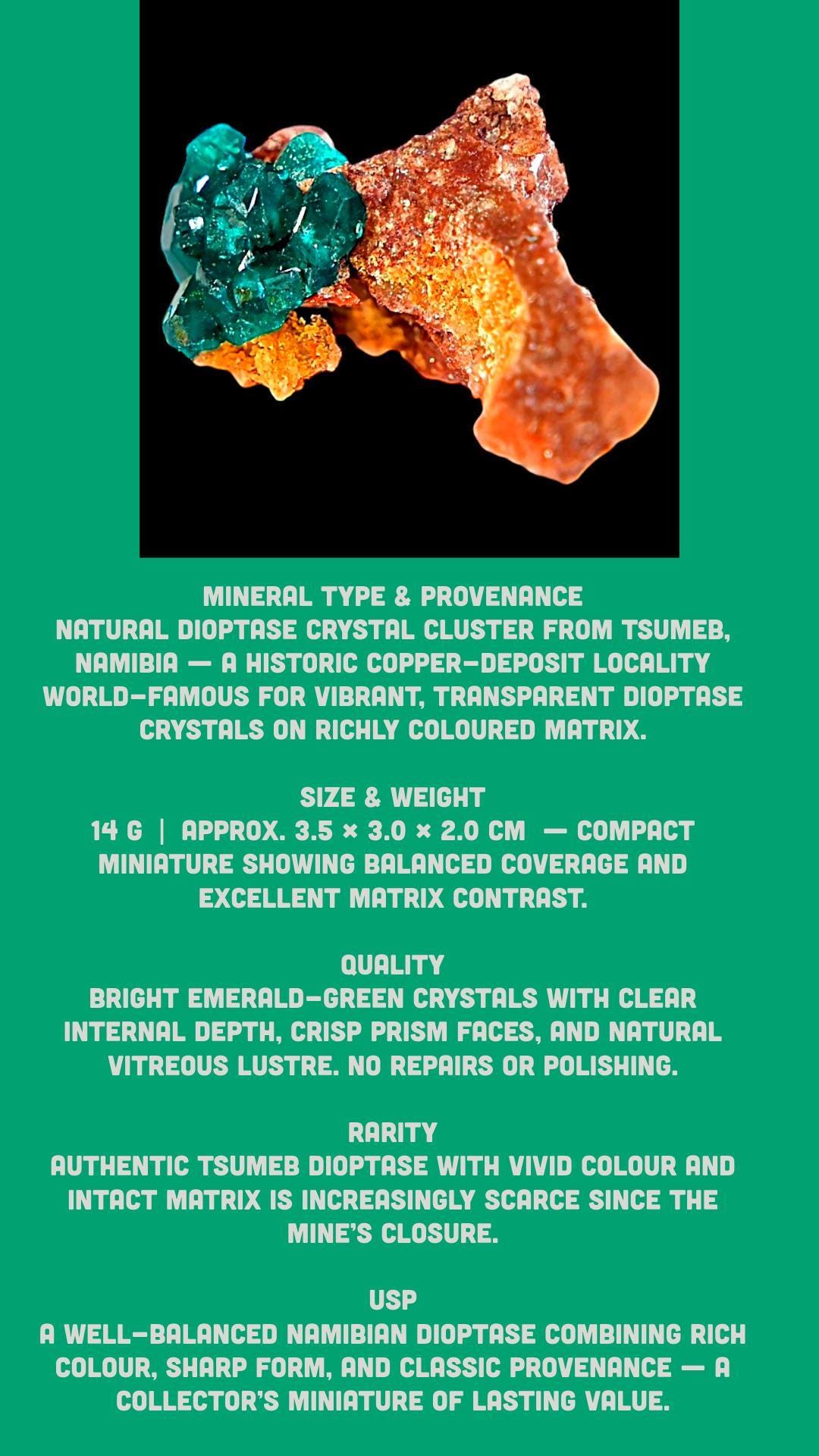 Dioptase crystal, tsumeb mine namibia, green dioptase specimen, raw mineral display, cabinet specimen, collector crystal - Image 7