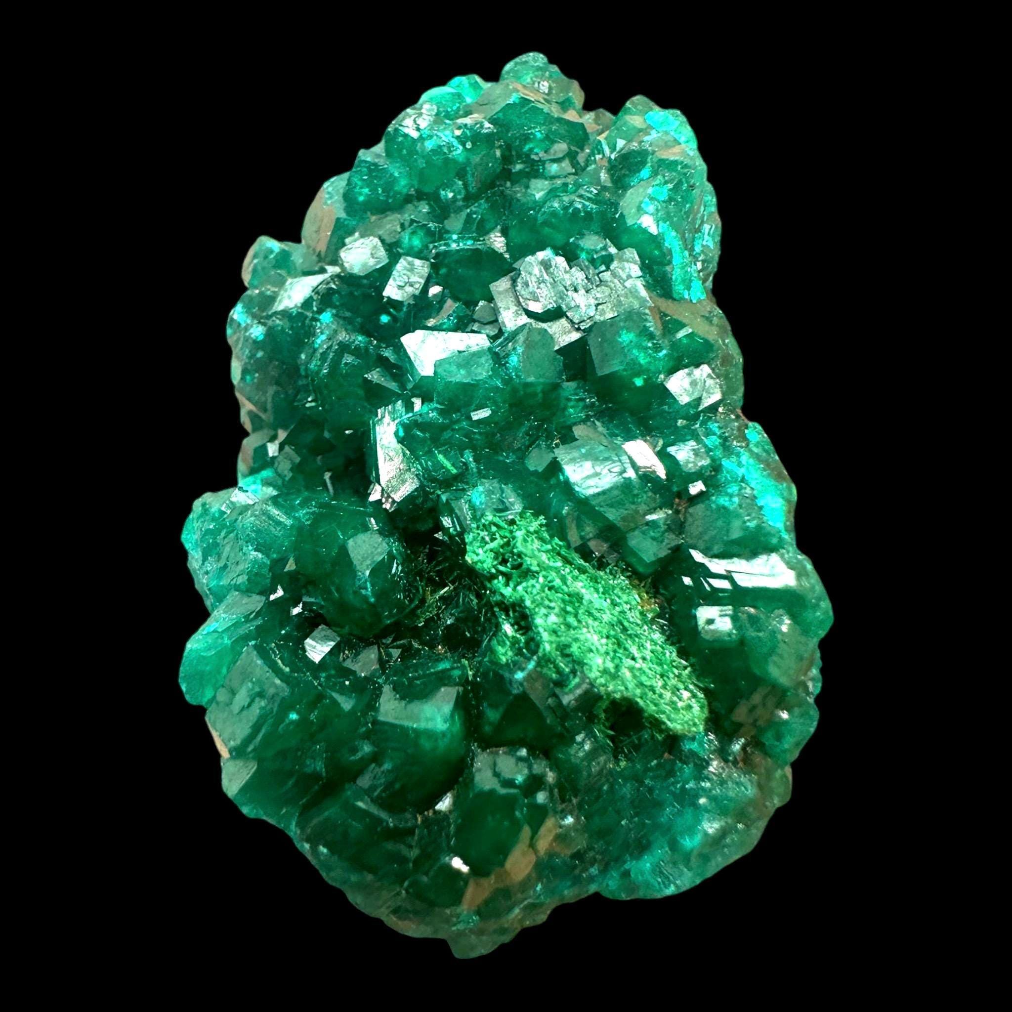 Dioptase crystal, dioptase specimen, dioptase cluster, raw dioptase crystal, dioptase with malachite, musonoi mine congo
