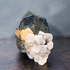 Smoky quartz crystal with calcite, alpine quartz crystal cluster, raw smoky quartz point, natural mineral specimen for display