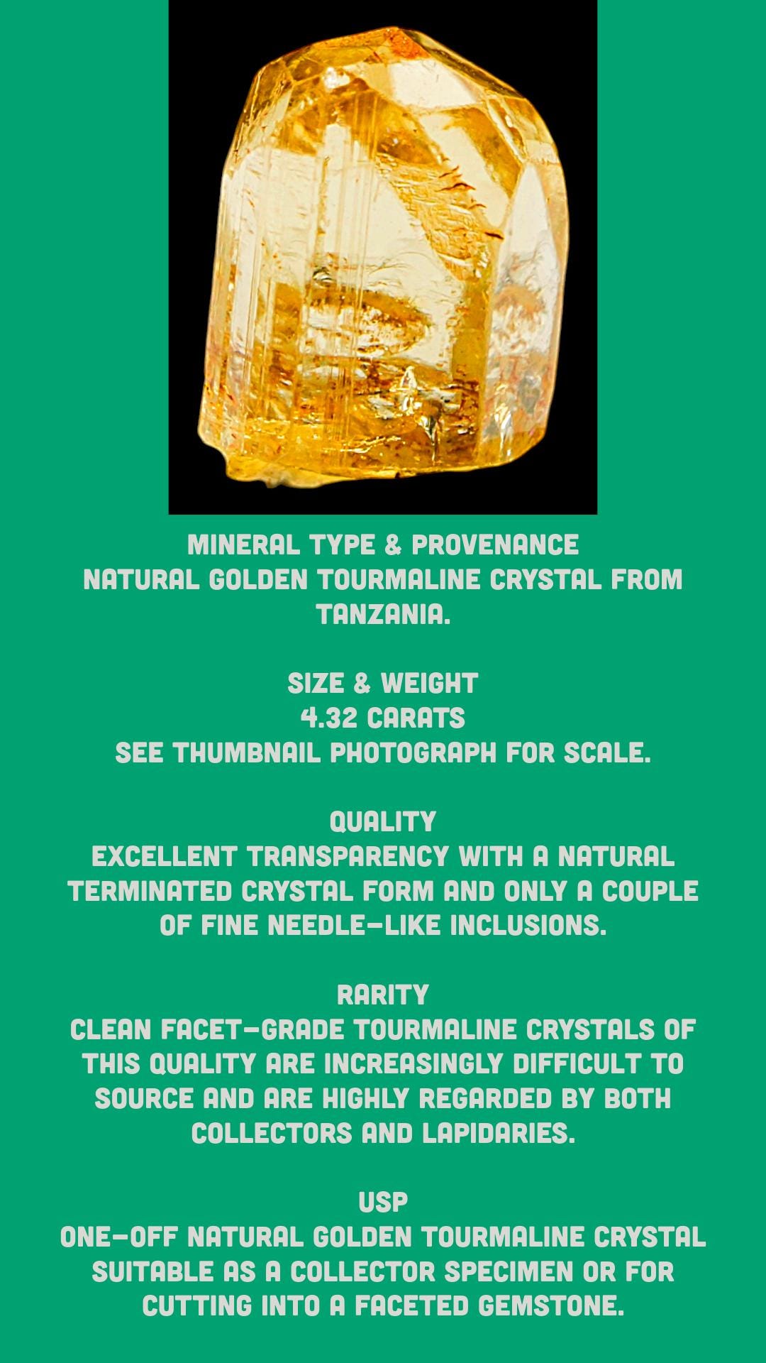 Golden Tourmaline Crystal, Facet Grade Tourmaline Rough, Natural Tanzania Tourmaline, Untreated Gem Rough, Mineral Specimen - Image 3