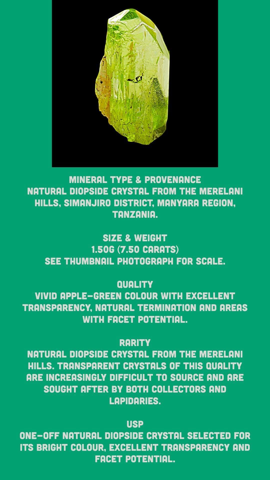Diopside crystal, facet grade green diopside, untreated tanzania gem rough, merelani hills crystal - Image 2