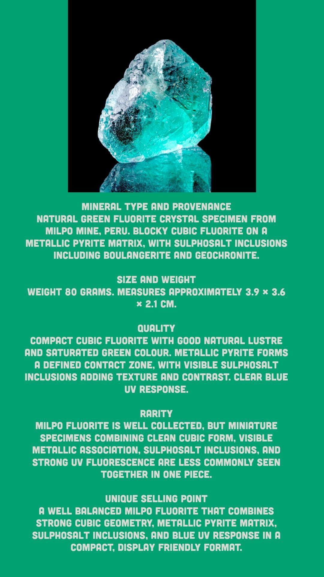 Green fluorite crystal on matrix, uv reactive fluorite mineral specimen with boulangerite and geochronite, natural fluorite for collectors - Image 10