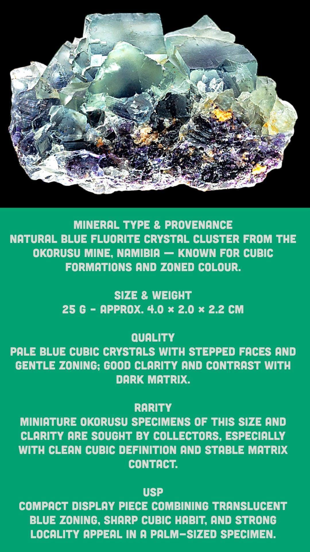 Fluorite crystal cluster, blue fluorite mineral with cubic form, natural fluorite specimen from namibia, okorusu fluorite on matrix - Image 8