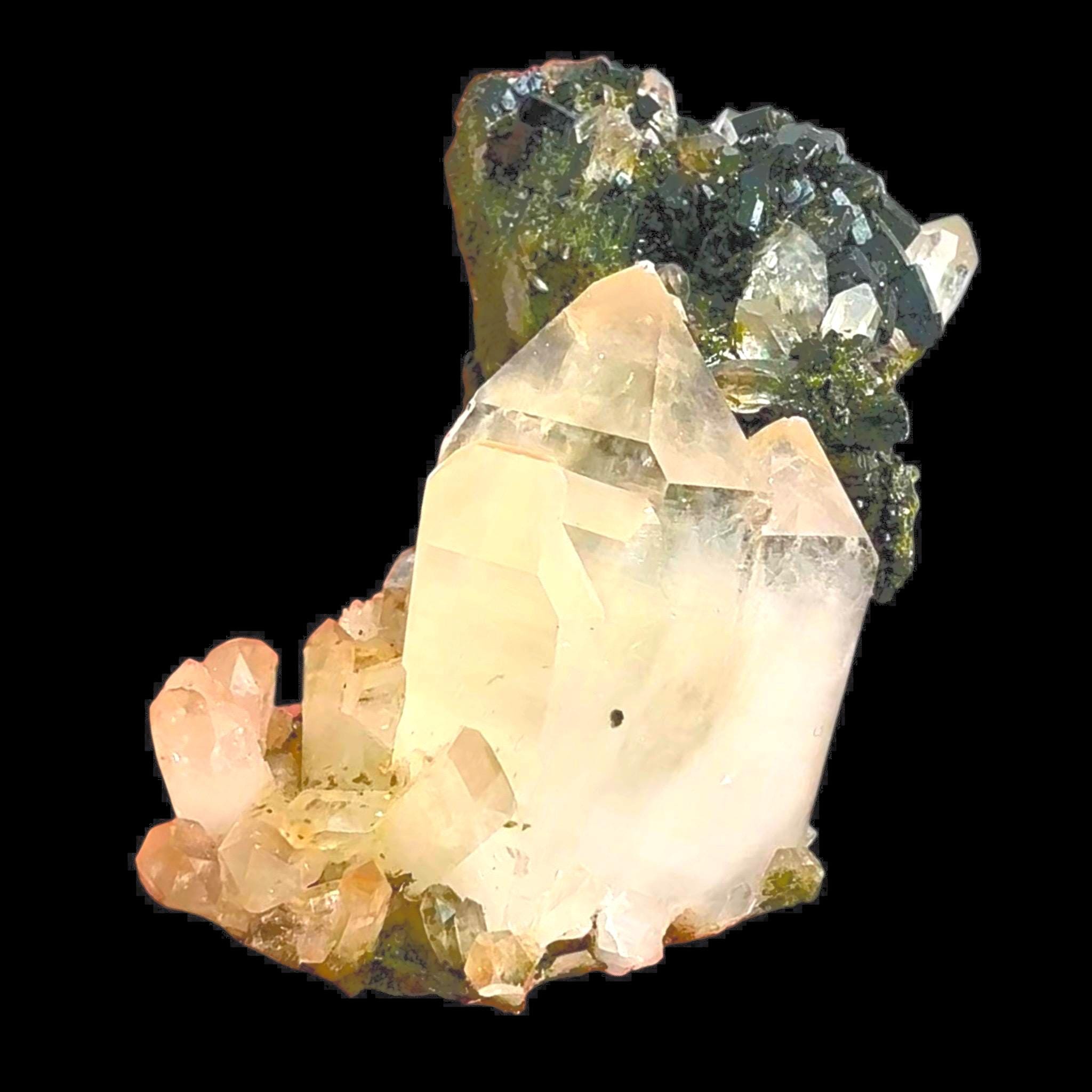 Epidote on Quartz, Black Green Epidote Crystal, High Luster Mineral Specimen, Hakkari Turkey, Turkish Epidote, High Contrast