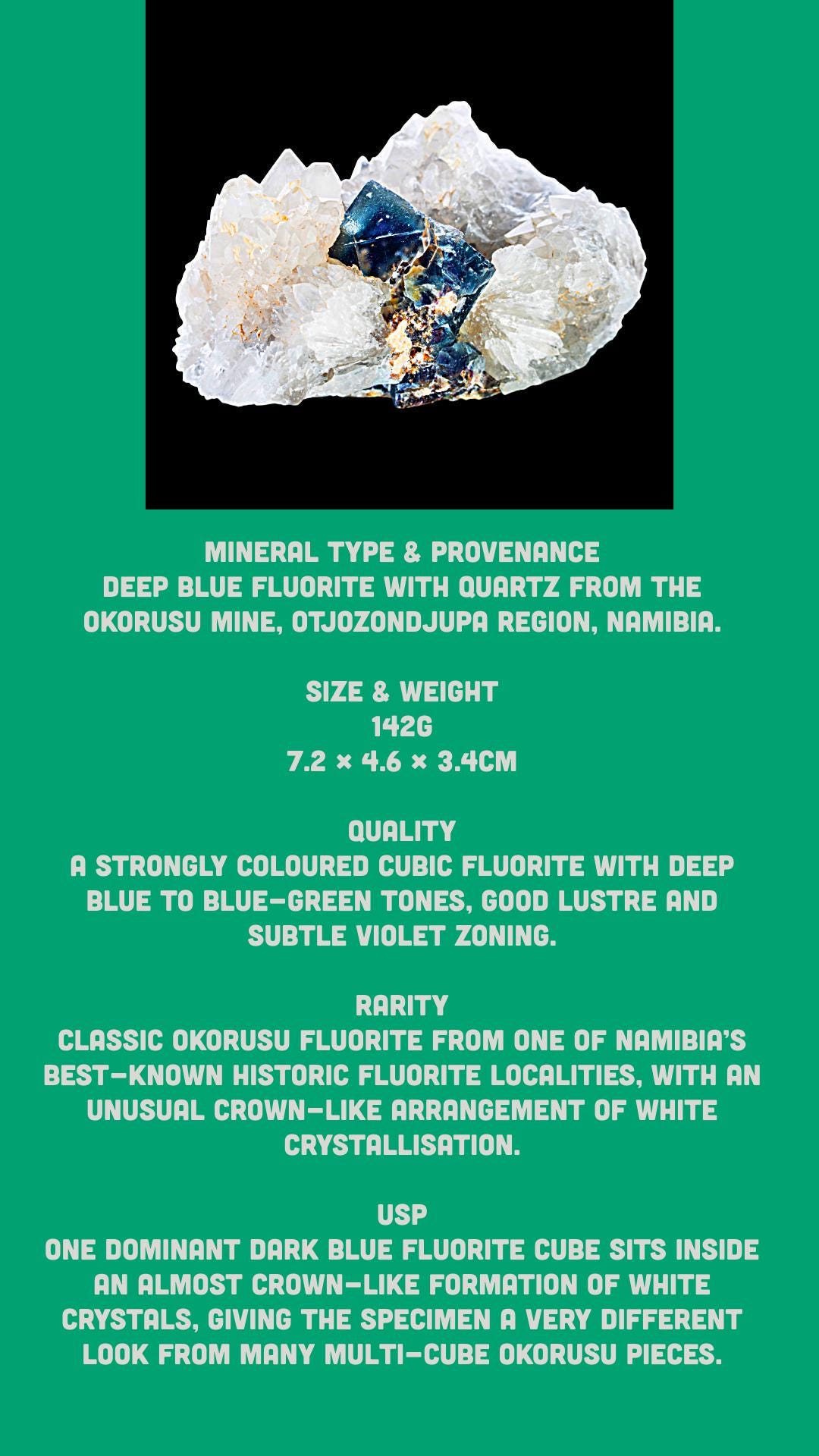 Okorusu fluorite with quartz deep blue cubic crystal namibia mineral specimen - Image 3