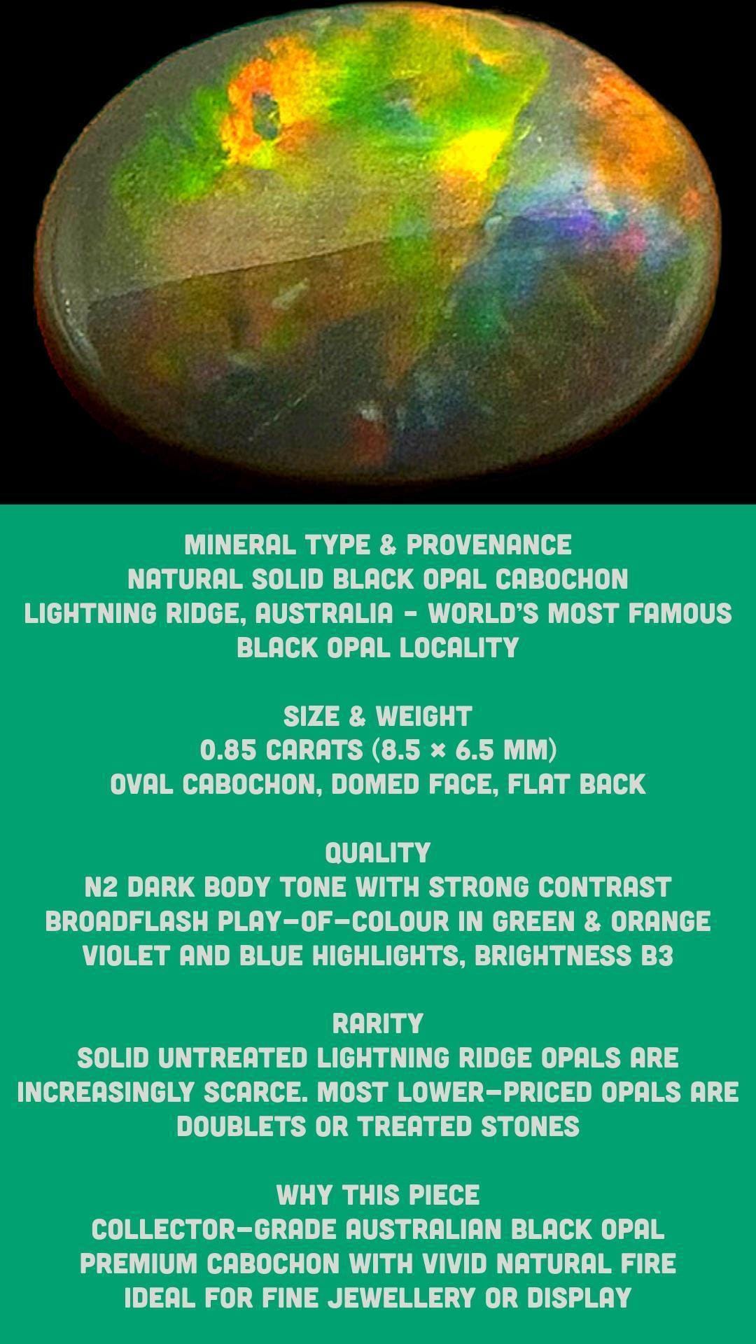 Black opal cabochon from lightning ridge, australian black opal with green and orange fire, natural solid opal for jewellery or collectors - Image 8