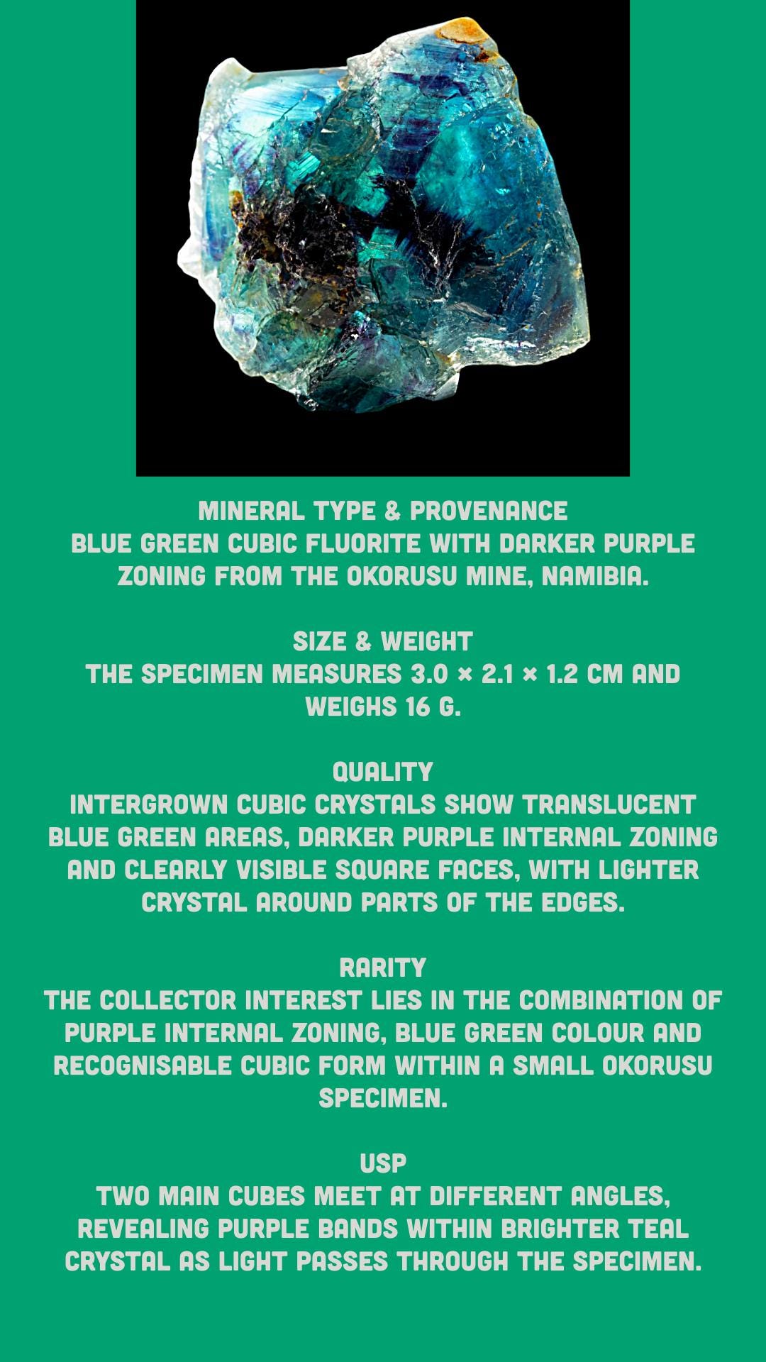 Fluorite Crystal, Blue Green Cubes with Purple Zoning, Butterfly Pocket, Okorusu Mine, Namibia - Image 6
