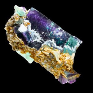 Fluorite crystal, purple green zoned cubic fluorite, okorusu mine namibia, mineral specimen