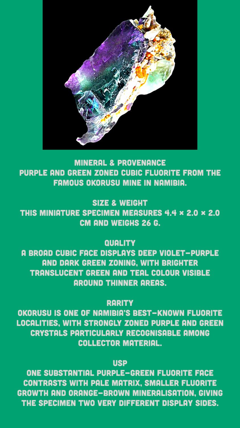 Fluorite crystal, purple green zoned cubic fluorite, okorusu mine namibia, mineral specimen - Image 9
