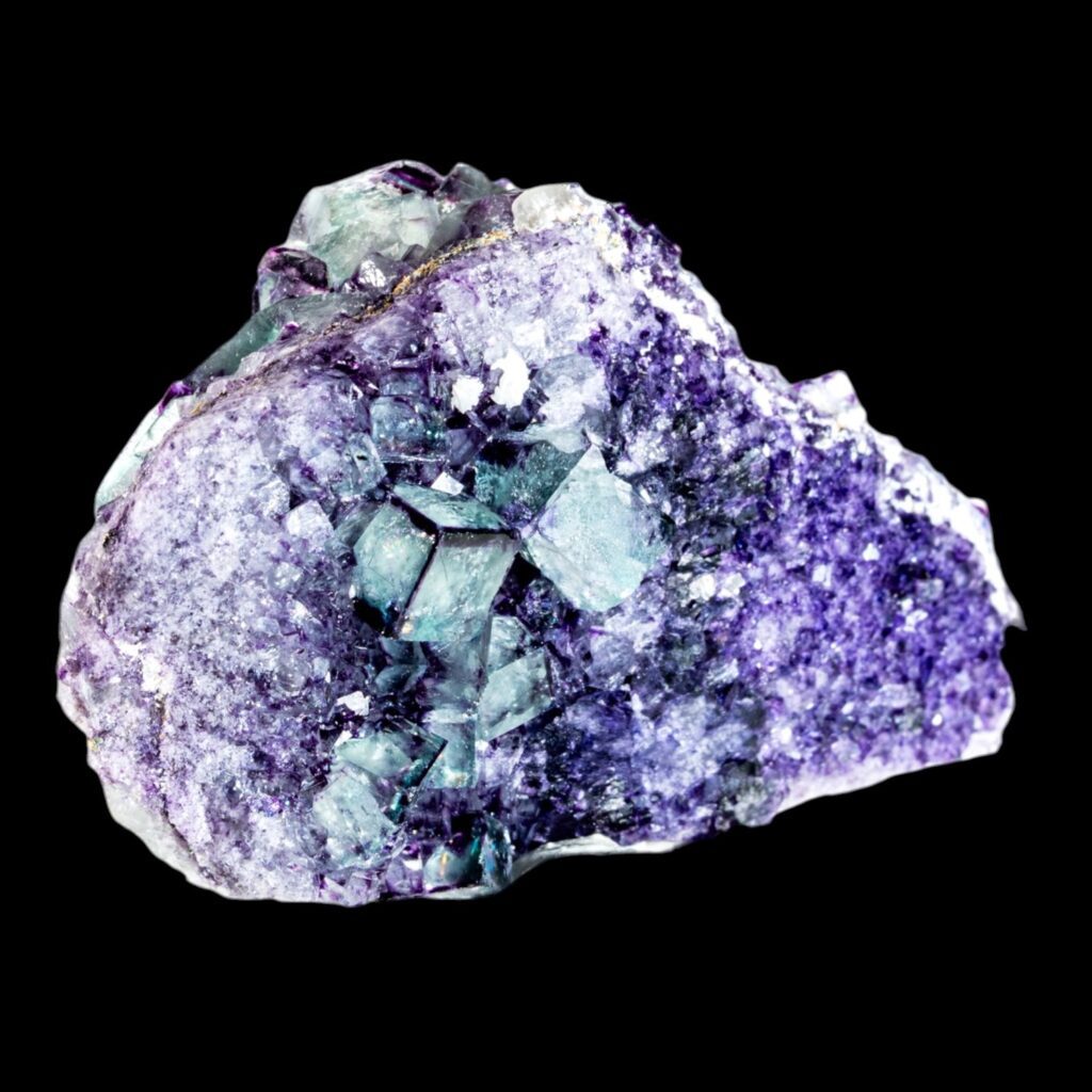 Fluorite crystal cluster, purple green zoned cubes, okorusu mine namibia, mineral specimen
