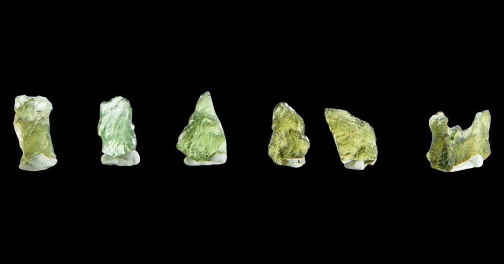 Moldavite, six piece raw moldavite lot, natural green tektite specimens, chlum, czech republic