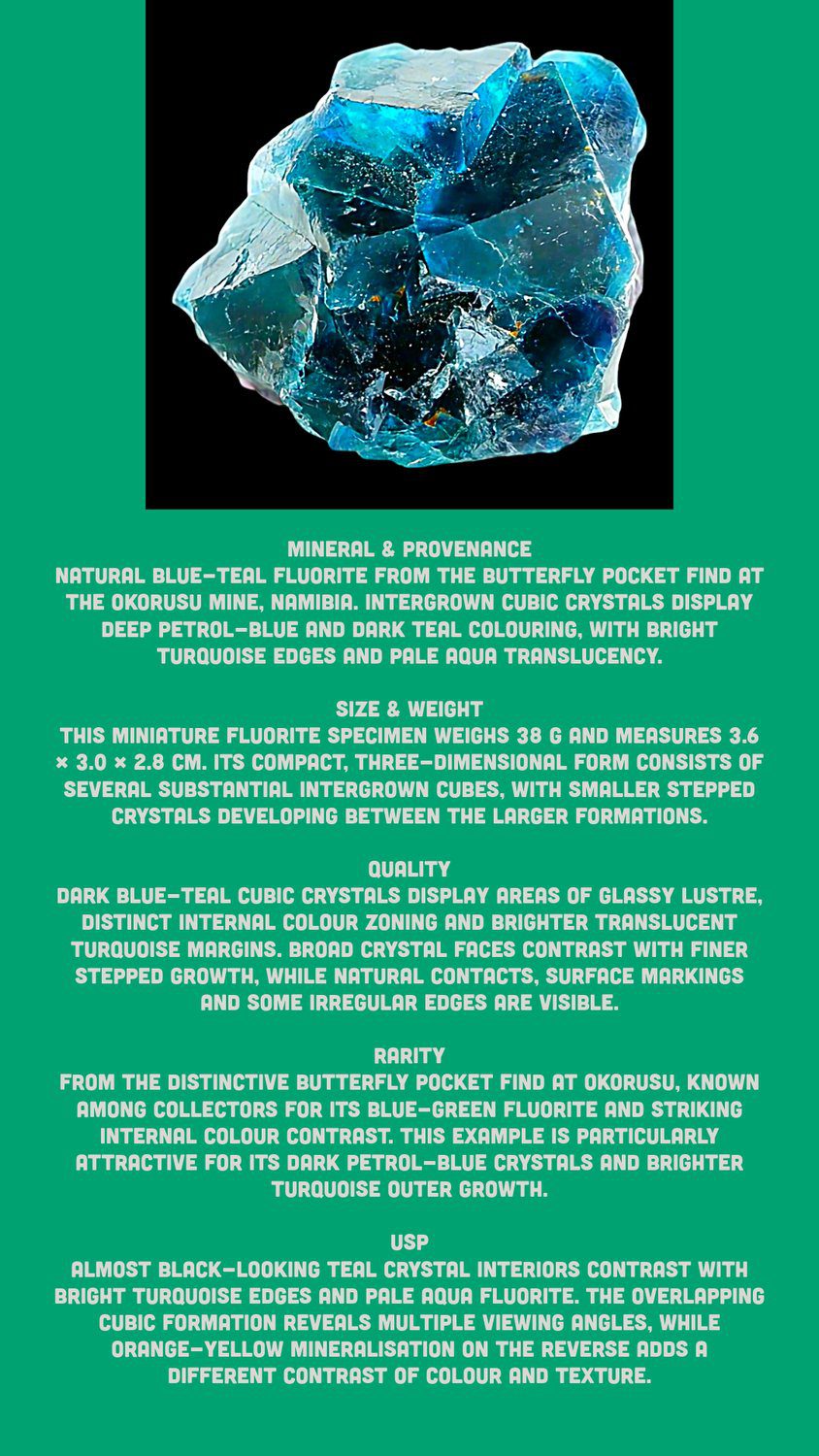 Fluorite Crystal Cluster, Dark Blue Teal Cubes, Butterfly Pocket, Okorusu Mine Namibia, Natural Mineral Specimen - Image 3