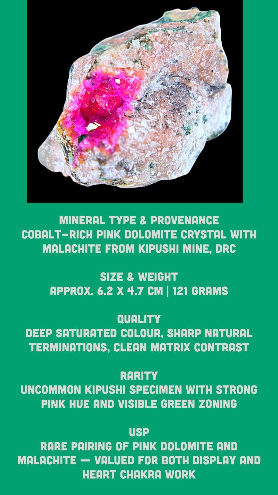 Cobaltoan dolomite crystal, vivid pink dolomite with malachite, natural mineral specimen from kipushi, collector crystal - Image 8