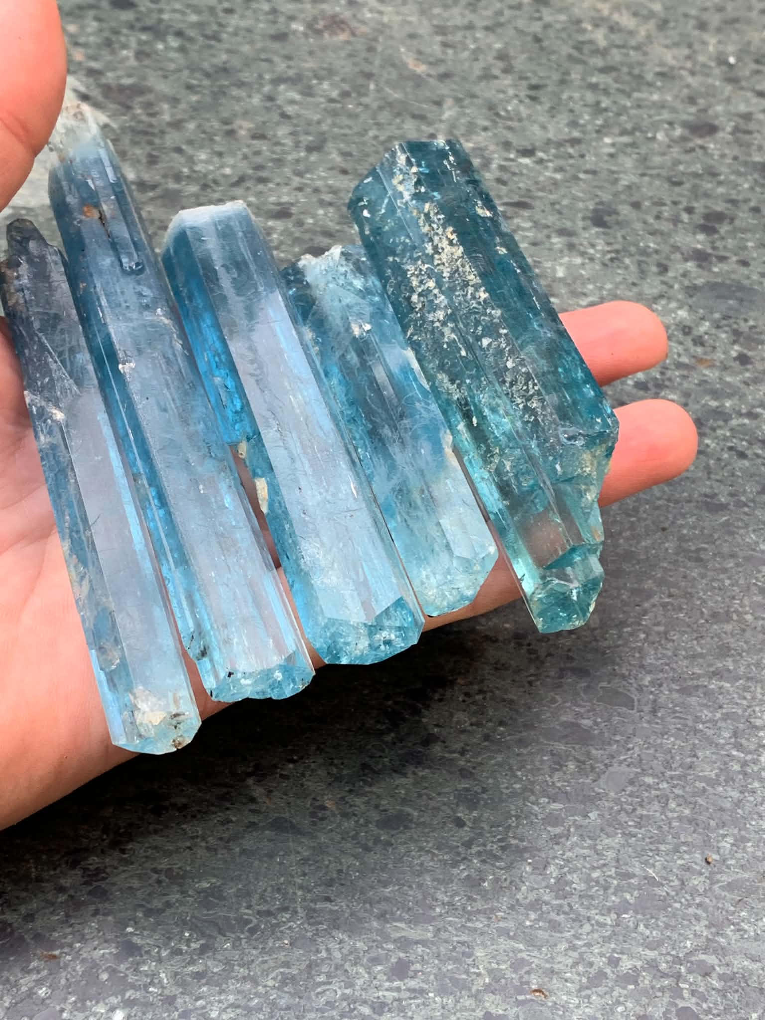 Several long blue aquamarine crystals resting across a hand